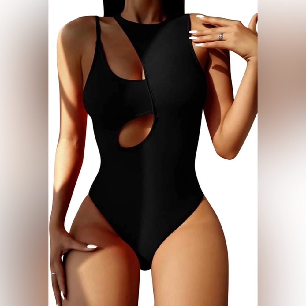 Women's Large Black Cutout One Piece Monokini Swimsuit Tummy Control High Cut‎